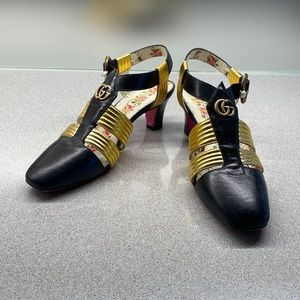 Gucci black and gold ankle buckle open back pumps - size 7.5